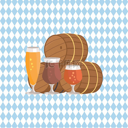 三个标志图片_三个啤酒桶品尝矢量插画。