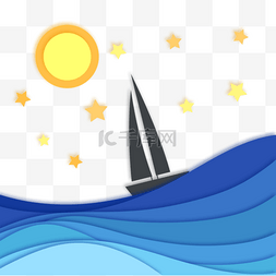 帆船海滩图片_海洋剪纸风格帆船海浪