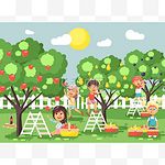 矢量图卡通人物儿童男孩和女孩收获成熟的水果秋天果园花园从李子、 梨、 苹果树，作物放满的篮子景观场景室外平面样式