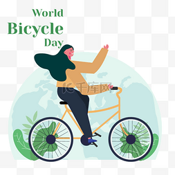 绿色手绘自行车图片_世界自行车日绿色骑行女孩