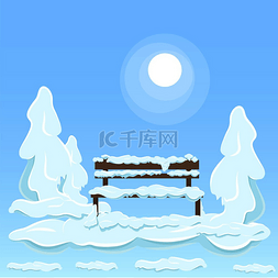 大气可爱背景图片_白雪下孤立的木制长凳，在蓝色背