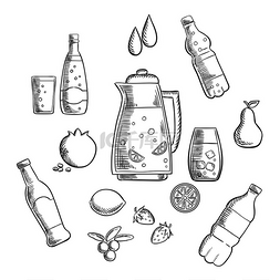 矿泉水和饮料图片_饮料和饮料草图组成，包括果汁和