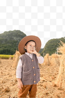 秋收季节男孩快乐的在稻田玩耍