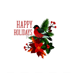 快乐鸟图片_圣诞快乐圣诞红和冬青树花环上的