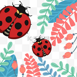 红色瓢虫春季植物插画