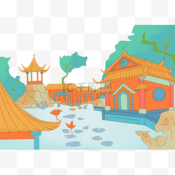 中式园林建筑池塘