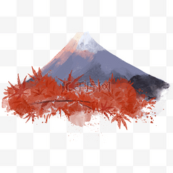 富士山红色枫叶水彩风格