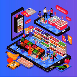 手机购物蔬菜图片_智能手机屏幕上的在线超市等距组