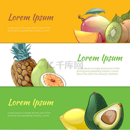 菠萝汁海报图片_Juicy fruits banners vector set