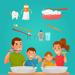 年轻的家庭在一起刷牙 