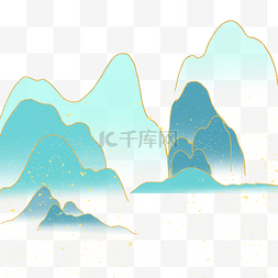 中式淡雅山水图片_鎏金水墨山水金线淡雅大气绿色