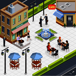 咖啡馆桌子图片_等距的商务午餐人群组成与户外咖