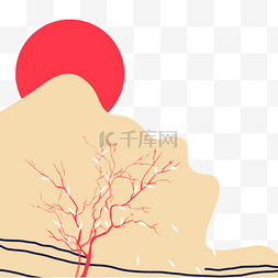 红日山川风景简笔画日本风格边框