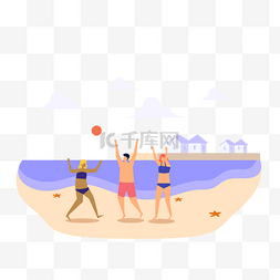 手绘青年男女图片_男女青年海边沙滩排球运动插画