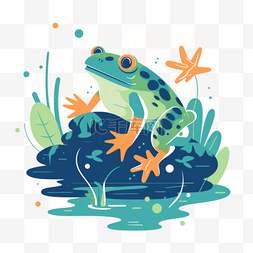 池塘青蛙图片_扁平风夏天青蛙跳入池塘场景免抠