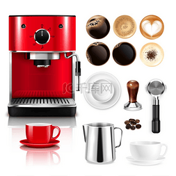 饮料广告插图图片_咖啡逼真的大套装配有红色咖啡机