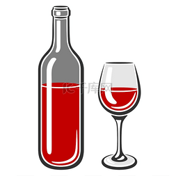 红酒与食物图片_瓶和玻璃与红酒的插图。