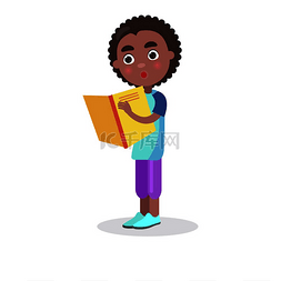 学术矢量图片_带着教科书的非洲微笑男孩阅读有