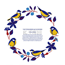 向量的美丽的花图片_可爱的明信片，上面有鸟类、蓝莓