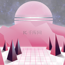 光效科技网格图片_粉红色山脉和圆形天体抽象科技光