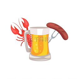 啤酒和小龙虾图片_啤酒、香肠和小龙虾的矢量插图。