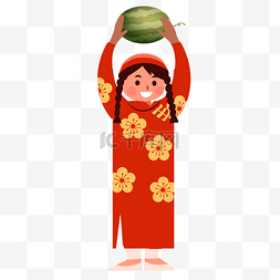 大暑习俗图片_穿着红色服装举着西瓜的可爱越南