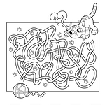 教育迷宫或学龄前儿童迷宫游戏的卡通矢量插图。难题。唐带路。着色页轮廓猫与纱球。儿童着色书. 