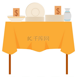 水壶陶瓷图片_桌子上有桌布和餐具、陶瓷盘、碗