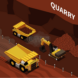 机械海报图片_在采石场工作的采矿机械 3d 等距