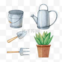花园园艺工具和盆栽植物水彩