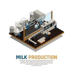 牛奶矢量图图片_乳制品生产牛奶工厂等距组成与牛