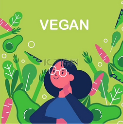 手绘绿色蔬菜图片_妇女在绿色蔬菜和叶子背景, 素食