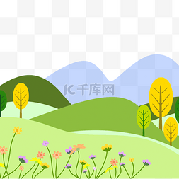 山脉树木和青草春季花卉风景
