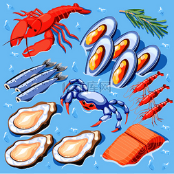 开胃菜图标图片_鱼类超级食物等距海报与贻贝小龙
