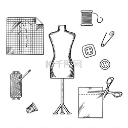 刺绣图标图片_用人体模型、剪刀、安全别针、针