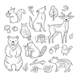 儿童涂鸦集图片_涂鸦森林动物。林地可爱的小动物