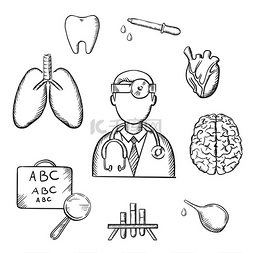 医疗素描图标，医生被视力表、肺