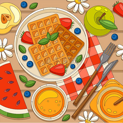 俯视图厨房图片_为早餐华夫饼构图上色木质餐桌的
