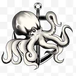 章鱼与船锚组合复古纹身