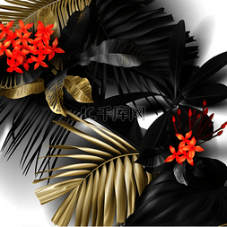 红色花朵复古图片_白色矢量背景上的热带黑色和金色