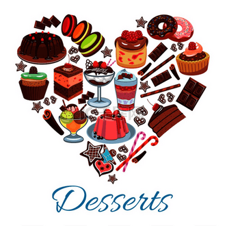 甜心形状与矢量甜点元素巧克力蛋糕,草莓蛋糕,水果馅饼和馅饼,香草