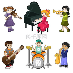 卡通钢琴演奏图片_不同孩子演奏乐器的矢量图解
