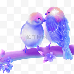 紫色小鸟图片_梦幻紫色果冻色情侣小鸟树枝