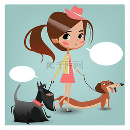 儿童衣服卡通图标图片_小可爱的卡通女孩与狗