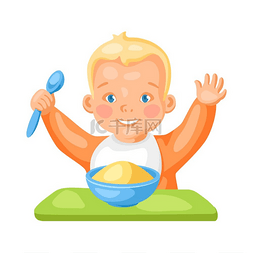 吃的一盘吃的图片_可爱的小宝宝与一盘粥的插图。