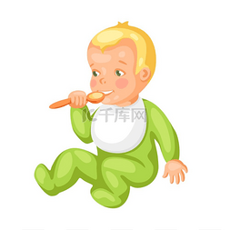 小勺子卡通图片_可爱的小宝宝用勺子的插图。