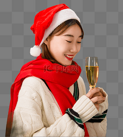 圣诞女孩美女手拿酒杯香槟酒