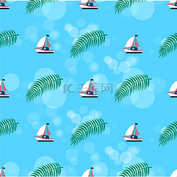 棕榈叶装饰图片_船和树叶图案集，图标集，帆船和