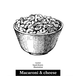 手绘碗黑色图片_手绘素描自制通心粉和奶酪放在碗