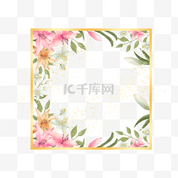 方形百合花卉婚礼水彩边框